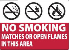 NMC - "No Smoking Matches or Open Flames in This Area", 7" Long x 10" Wide, Aluminum Safety Sign - Rectangle, 0.04" Thick, Use for Smoking Regulations - Exact Tooling