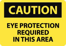 NMC - Accident Prevention Label, Header: CAUTION - Legend: Caution - Eye Protection Required in This Area, English, Black & Yellow, 5" Long x 3" High, Sign Muscle Finish - Exact Tooling