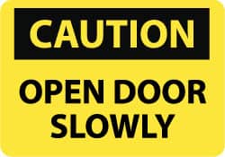 NMC - Caution - Open Door Slowly, Aluminum Fire and Exit Sign - 10" Wide x 7" High - Exact Tooling