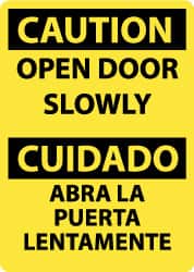 NMC - Caution - Open Door Slowly, Aluminum Fire and Exit Sign - 10" Wide x 14" High, English/Spanish - Exact Tooling