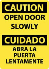 NMC - Caution - Open Door Slowly, Pressure Sensitive Vinyl Fire and Exit Sign - 10" Wide x 14" High, English/Spanish - Exact Tooling