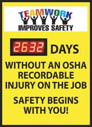 NMC - Scoreboards Scoreboard Type: Digital Scoreboard Legend: Teamwork Improves Safety - ___ Days without an OSHA Recordable Injury - on the Job Safety Begins with You - Exact Tooling