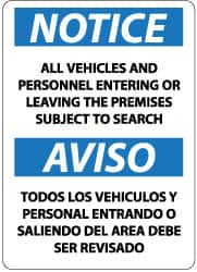 NMC - "Notice - All Vehicles and Personnel Entering or Leaving the Premises Subject to Search", 14" Long x 10" Wide, Pressure-Sensitive Vinyl Safety Sign - Rectangle, 0.004" Thick, Use for Security & Admittance - Exact Tooling