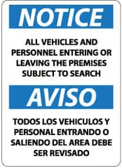 NMC - "Notice - All Vehicles and Personnel Entering or Leaving the Premises Subject to Search", 14" Long x 10" Wide, Rigid Plastic Safety Sign - Rectangle, 0.05" Thick, Use for Security & Admittance - Exact Tooling