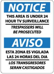 NMC - "Notice - This Area Is under 24 Hour TV Surveillance - Trespassers Will Be Prosecuted", 14" Long x 10" Wide, Pressure-Sensitive Vinyl Safety Sign - Rectangle, 0.004" Thick, Use for Security & Admittance - Exact Tooling