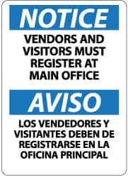 NMC - "Notice - Vendors and Visitors Must Register at Main Office", 14" Long x 10" Wide, Rigid Plastic Safety Sign - Rectangle, 0.05" Thick, Use for Security & Admittance - Exact Tooling