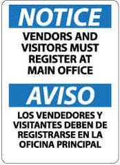 NMC - "Notice - Vendors and Visitors Must Register at Main Office", 14" Long x 10" Wide, Rigid Plastic Safety Sign - Rectangle, 0.05" Thick, Use for Security & Admittance - Exact Tooling