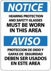 NMC - "Notice - Hearing Protection and Safety Glasses Must Be Worn in This Area", 14" Long x 10" Wide, Rigid Plastic Safety Sign - Rectangle, 0.05" Thick, Use for Accident Prevention - Exact Tooling