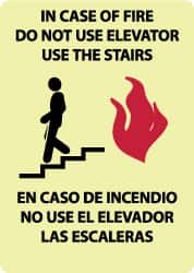 NMC - In Case of Fire - Do Not Use Elevator - Use the Stairs, Plastic Fire and Exit Sign - 10" Wide x 14" High, English/Spanish, Glow-in-the-Dark - Exact Tooling
