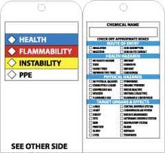 NMC - 3" High x 6" Long, HEALTH-FLAMMABILITY-INSTABILITY-PPE, English Safety & Facility Accident Prevention Tag - Tag Header: Notice, 2 Sides, Black, White, Yellow, Red & Blue Laminated Vinyl - Exact Tooling