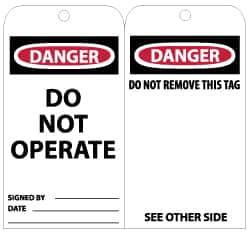 NMC - 3" High x 6" Long, DANGER - DO NOT OPERATE, English Safety & Facility Lockout Tag - Tag Header: Danger, 2 Sides, Black, Red & White Unrippable Vinyl - Exact Tooling