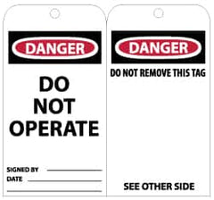 NMC - 3" High x 6" Long, DANGER - DO NOT OPERATE, English Safety & Facility Lockout Tag - Tag Header: Danger, 2 Sides, Black, Red & White Unrippable Vinyl - Exact Tooling