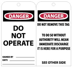 NMC - 3" High x 6" Long, DANGER - DO NOT OPERATE, English Safety & Facility Lockout Tag - Tag Header: Danger, 2 Sides, Black, Red & White Unrippable Vinyl - Exact Tooling