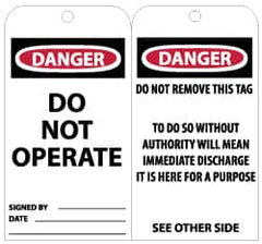 NMC - 3" High x 6" Long, DANGER - DO NOT OPERATE, English Safety & Facility Lockout Tag - Tag Header: Danger, 2 Sides, Black, Red & White Unrippable Vinyl - Exact Tooling