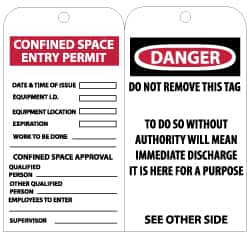 NMC - 3" High x 6" Long, CONFINED SPACE ENTRY LIMIT-CONFINED SPACE APPROVAL, English Safety & Facility Accident Prevention Tag - Tag Header: Danger, 2 Sides, Black & White Unrippable Vinyl - Exact Tooling