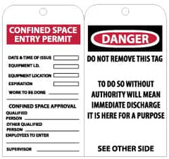 NMC - 3" High x 6" Long, CONFINED SPACE ENTRY LIMIT-CONFINED SPACE APPROVAL, English Safety & Facility Accident Prevention Tag - Tag Header: Danger, 2 Sides, Black & White Unrippable Vinyl - Exact Tooling