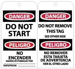 NMC - 3" High x 6" Long, DANGER - DO NOT START, English Safety & Facility Lockout Tag - Tag Header: Danger, 2 Sides, Black, Red & White Unrippable Vinyl - Exact Tooling