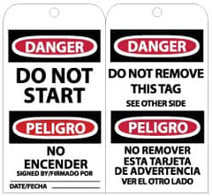 NMC - 3" High x 6" Long, DANGER - DO NOT START, English Safety & Facility Lockout Tag - Tag Header: Danger, 2 Sides, Black, Red & White Unrippable Vinyl - Exact Tooling
