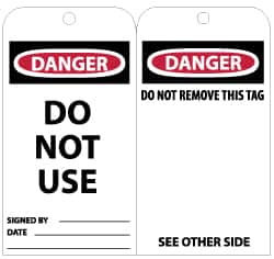 NMC - 3" High x 6" Long, DANGER - DO NOT USE, English Safety & Facility Lockout Tag - Tag Header: Danger, 2 Sides, Black, Red & White Unrippable Vinyl - Exact Tooling