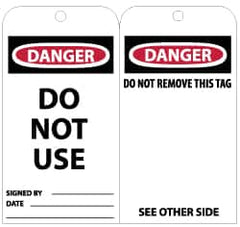 NMC - 3" High x 6" Long, DANGER - DO NOT USE, English Safety & Facility Lockout Tag - Tag Header: Danger, 2 Sides, Black, Red & White Unrippable Vinyl - Exact Tooling