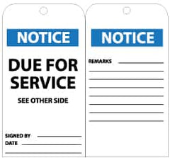 NMC - 3" High x 6" Long, NOTICE - DUE FOR SERVICE, English Safety & Facility Lockout Tag - Tag Header: Notice, 2 Sides, Black, White & Blue Unrippable Vinyl - Exact Tooling