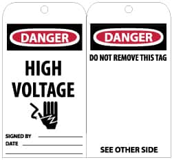 NMC - 3" High x 6" Long, DANGER - HIGH VOLTAGE, English Safety & Facility Lockout Tag - Tag Header: Danger, 2 Sides, Black, Red & White Unrippable Vinyl - Exact Tooling