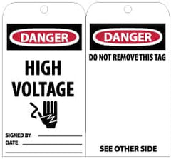 NMC - 3" High x 6" Long, DANGER - HIGH VOLTAGE, English Safety & Facility Lockout Tag - Tag Header: Danger, 2 Sides, Black, Red & White Unrippable Vinyl - Exact Tooling