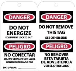 NMC - 3" High x 6" Long, DANGER - DO NOT ENERGIZE - EQUIPMENT LOCKED OUT, English Safety & Facility Lockout Tag - Tag Header: Danger, 2 Sides, Black, Red & White Unrippable Vinyl - Exact Tooling