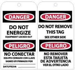 NMC - 3" High x 6" Long, DANGER - DO NOT ENERGIZE - EQUIPMENT LOCKED OUT, English Safety & Facility Lockout Tag - Tag Header: Danger, 2 Sides, Black, Red & White Unrippable Vinyl - Exact Tooling