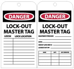 NMC - 3" High x 6" Long, DANGER - LOCK-OUT MASTER TAG, English Safety & Facility Lockout Tag - Tag Header: Danger, 2 Sides, Black, Red & White Unrippable Vinyl - Exact Tooling