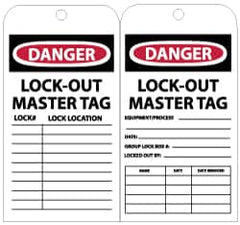 NMC - 3" High x 6" Long, DANGER - LOCK-OUT MASTER TAG, English Safety & Facility Lockout Tag - Tag Header: Danger, 2 Sides, Black, Red & White Unrippable Vinyl - Exact Tooling