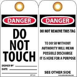NMC - 3" High x 6" Long, DANGER - DO NOT TOUCH, English Safety & Facility Lockout Tag - Tag Header: Danger, 2 Sides, Black, Red & White Unrippable Vinyl - Exact Tooling
