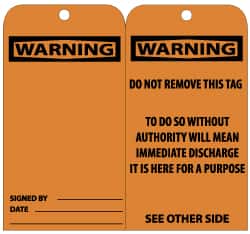 NMC - 3" High x 6" Long, Warning, English Safety & Facility Lockout Tag - Tag Header: Warning, 2 Sides, Black & Orange Unrippable Vinyl - Exact Tooling