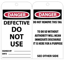 NMC - 3" High x 6" Long, DANGER - DEFECTIVE - DO NOT USE, English Safety & Facility Lockout Tag - Tag Header: Danger, 2 Sides, Black, Red & White Unrippable Vinyl - Exact Tooling