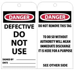 NMC - 3" High x 6" Long, DANGER - DEFECTIVE - DO NOT USE, English Safety & Facility Lockout Tag - Tag Header: Danger, 2 Sides, Black, Red & White Unrippable Vinyl - Exact Tooling