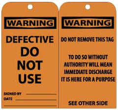 NMC - 3" High x 6" Long, WARNING - DEFECTIVE-DO NOT USE, English Safety & Facility Lockout Tag - Tag Header: Warning, 2 Sides, Black & Orange Unrippable Vinyl - Exact Tooling