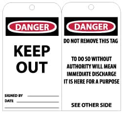 NMC - 3" High x 6" Long, DANGER - KEEP OUT, English Safety & Facility Accident Prevention Tag - Tag Header: Danger, 2 Sides, Black, Red & White Unrippable Vinyl - Exact Tooling