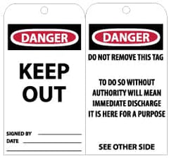 NMC - 3" High x 6" Long, DANGER - KEEP OUT, English Safety & Facility Accident Prevention Tag - Tag Header: Danger, 2 Sides, Black, Red & White Unrippable Vinyl - Exact Tooling