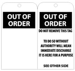 NMC - 3" High x 6" Long, OUT OF ORDER, English Safety & Facility Lockout Tag - Tag Header: Notice, 2 Sides, Black & White Unrippable Vinyl - Exact Tooling