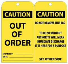 NMC - 3" High x 6" Long, CAUTION - OUT OF ORDER, English Safety & Facility Lockout Tag - Tag Header: CAUTION, 2 Sides, Black & Yellow Unrippable Vinyl - Exact Tooling