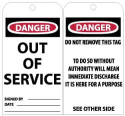 NMC - 3" High x 6" Long, Danger - Out of Service, English Safety & Facility Lockout Tag - Tag Header: Danger, 2 Sides, Black, Red & White Unrippable Vinyl - Exact Tooling