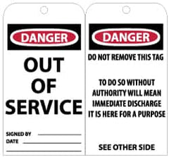 NMC - 3" High x 6" Long, Danger - Out of Service, English Safety & Facility Lockout Tag - Tag Header: Danger, 2 Sides, Black, Red & White Unrippable Vinyl - Exact Tooling