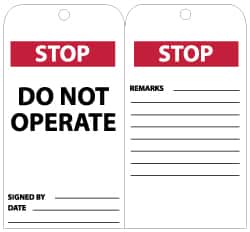 NMC - 3" High x 6" Long, STOP - DO NOT OPERATE, English Safety & Facility Lockout Tag - Tag Header: CAUTION, 2 Sides, Black, Red & White Unrippable Vinyl - Exact Tooling