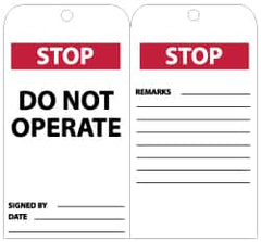 NMC - 3" High x 6" Long, STOP - DO NOT OPERATE, English Safety & Facility Lockout Tag - Tag Header: CAUTION, 2 Sides, Black, Red & White Unrippable Vinyl - Exact Tooling