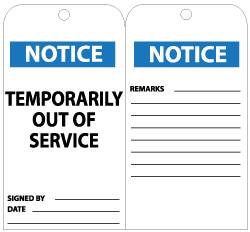 NMC - 3" High x 6" Long, NOTICE - TEMPORARIILY OUT OF SERVICE, English Safety & Facility Lockout Tag - Tag Header: Notice, 2 Sides, Black, White & Blue Unrippable Vinyl - Exact Tooling