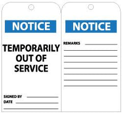 NMC - 3" High x 6" Long, NOTICE - TEMPORARIILY OUT OF SERVICE, English Safety & Facility Lockout Tag - Tag Header: Notice, 2 Sides, Black, White & Blue Unrippable Vinyl - Exact Tooling