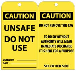 NMC - 3" High x 6" Long, CAUTION - UNSAFE - DO NOT USE, English Safety & Facility Lockout Tag - Tag Header: CAUTION, 2 Sides, Black & Yellow Unrippable Vinyl - Exact Tooling