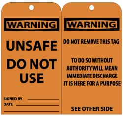 NMC - 3" High x 6" Long, WARNING - UNSAFE DO NOT USE, English Safety & Facility Lockout Tag - Tag Header: Warning, 2 Sides, Black & Orange Unrippable Vinyl - Exact Tooling