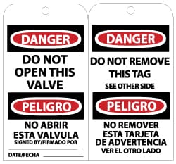 NMC - 3" High x 6" Long, DANGER - DO NOT OPEN THIS VALVE, English Safety & Facility Lockout Tag - Tag Header: Danger, 2 Sides, Black, Red & White Unrippable Vinyl - Exact Tooling