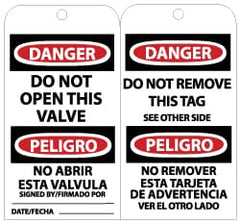 NMC - 3" High x 6" Long, DANGER - DO NOT OPEN THIS VALVE, English Safety & Facility Lockout Tag - Tag Header: Danger, 2 Sides, Black, Red & White Unrippable Vinyl - Exact Tooling